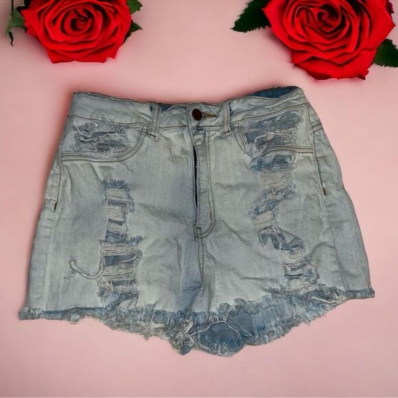 Fashion Nova Jean Shorts Blue Distressed Frayed Ripped Denim Size 11 Waist 30 - Picture 10 of 16